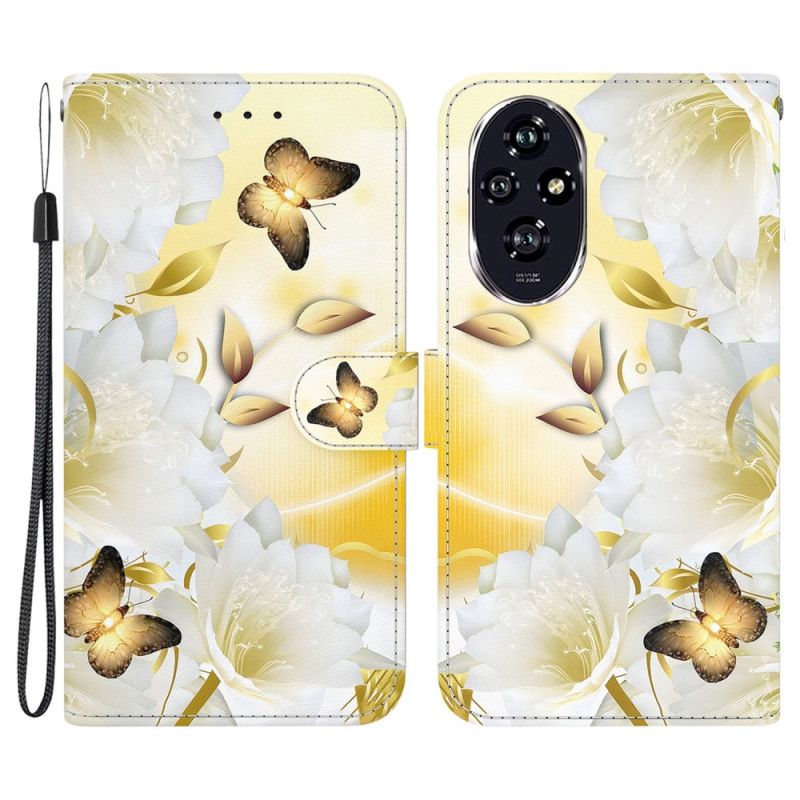 Læder Cover Honor 200 Telefon Etui Gyldne Sommerfugle Og Hvide Blomster Med Rem