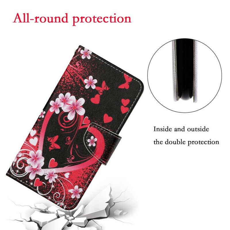 Flip Cover iPhone 13 Blomster Og Hjerter Med Snor