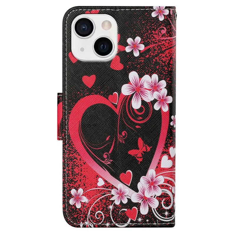 Flip Cover iPhone 13 Blomster Og Hjerter Med Snor