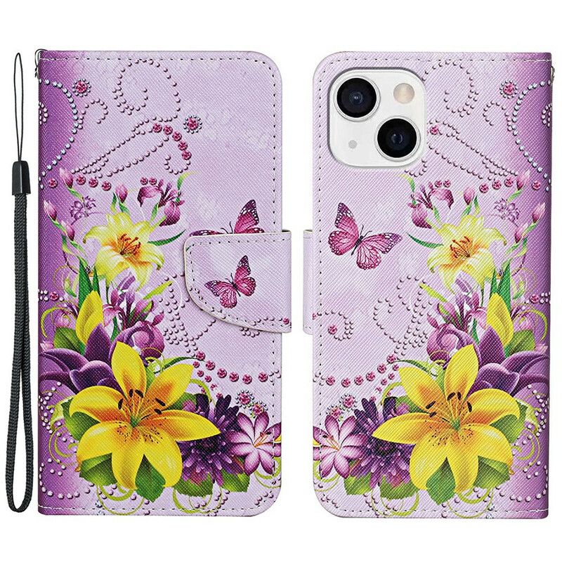 Flip Cover iPhone 13 Mesterlige Blomster Med Rem