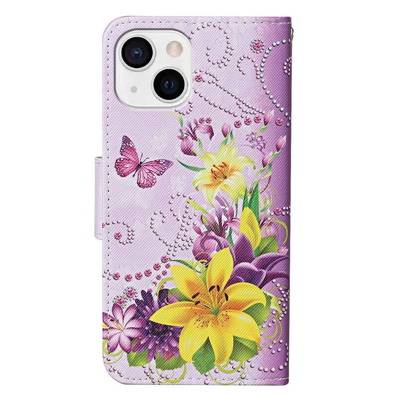 Flip Cover iPhone 13 Mesterlige Blomster Med Rem