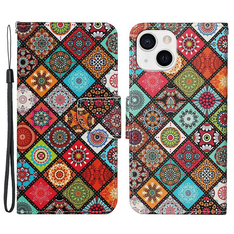 Flip Cover iPhone 13 Patchwork-mandalaer Med Snor