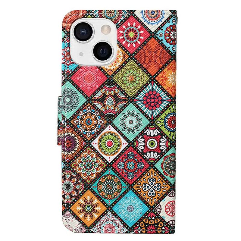 Flip Cover iPhone 13 Patchwork-mandalaer Med Snor