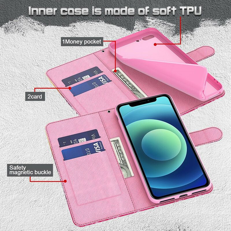 Flip Cover iPhone 13 Pink Træ Og Sort Kat