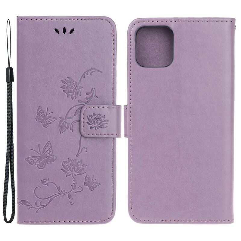 Flip Cover iPhone 13 Sommerfugle Og Blomster Strappy