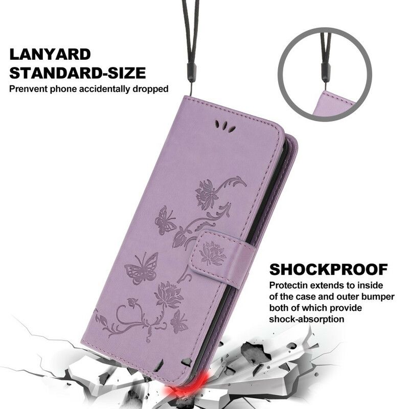 Flip Cover iPhone 13 Sommerfugle Og Blomster Strappy