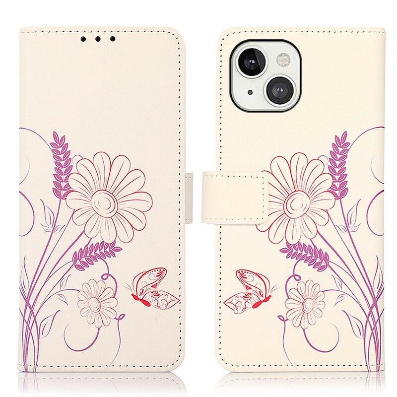 Flip Cover iPhone 13 Tegning Sommerfugle Og Blomster