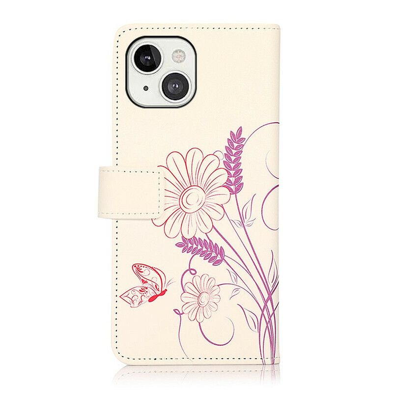 Flip Cover iPhone 13 Tegning Sommerfugle Og Blomster