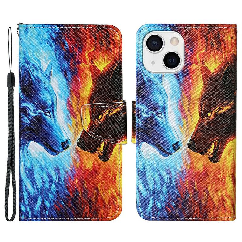 Flip Cover iPhone 13 Wolf War With Lanyard