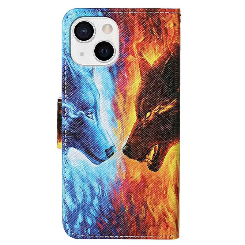 Flip Cover iPhone 13 Wolf War With Lanyard