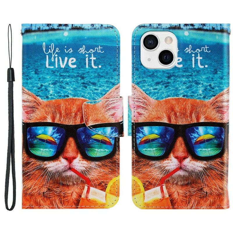 Læder Cover iPhone 13 Telefon Etui Cat Live It Strappy