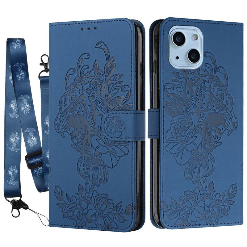 Læder Cover iPhone 13 Telefon Etui Tiger Barokrem