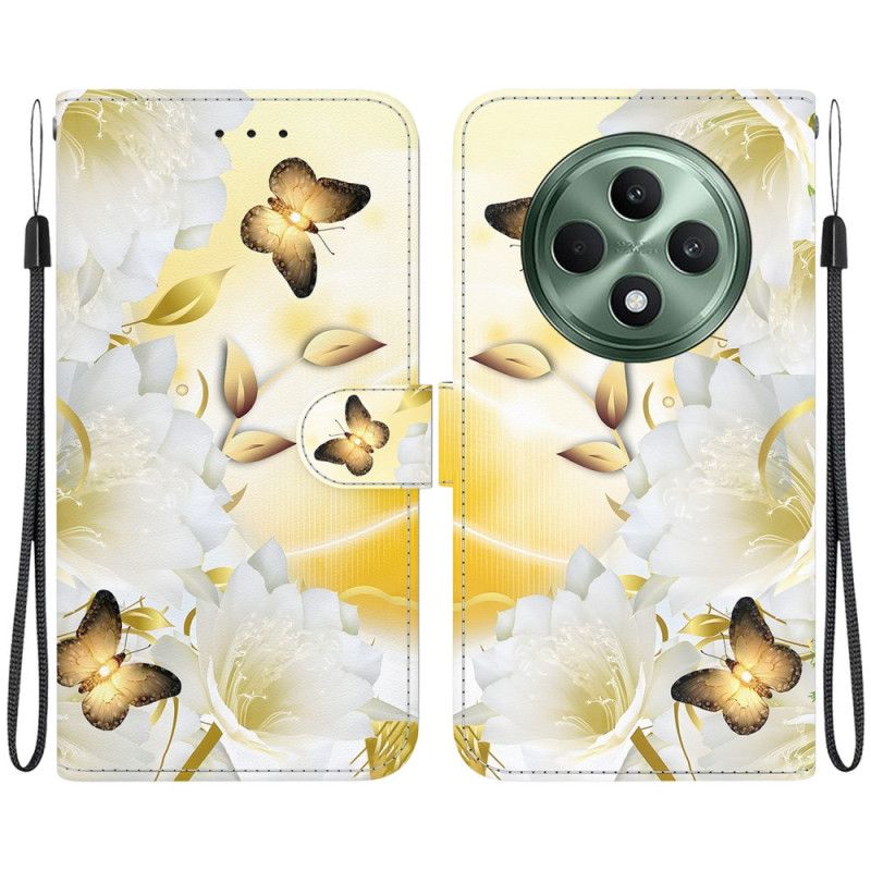 Flip Cover Oppo Reno 12f 5g Gyldne Sommerfugle Og Blomster Med Rem