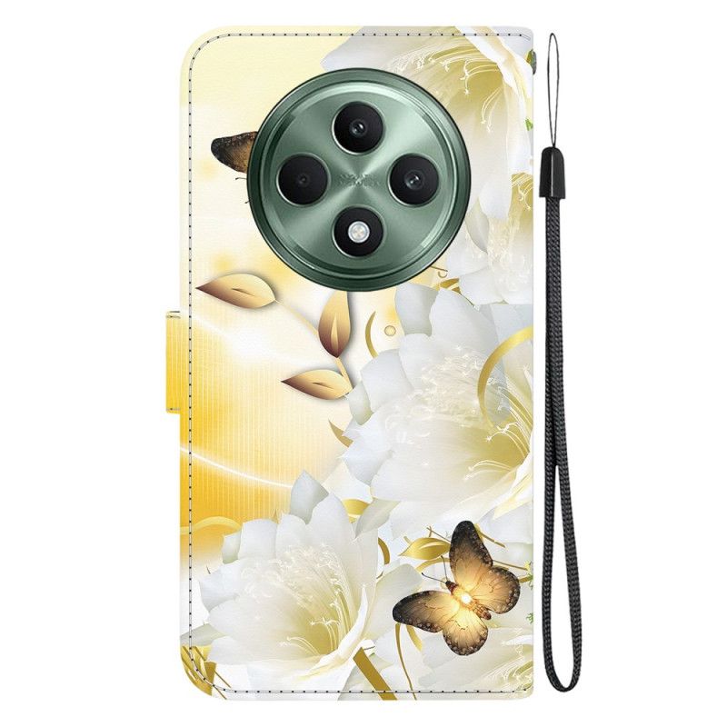 Flip Cover Oppo Reno 12f 5g Gyldne Sommerfugle Og Blomster Med Rem