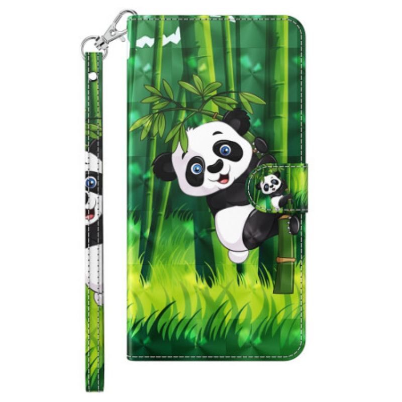 Læder Cover iPhone 15 Plus Med Snor 3d Bambus Panda Med Rem