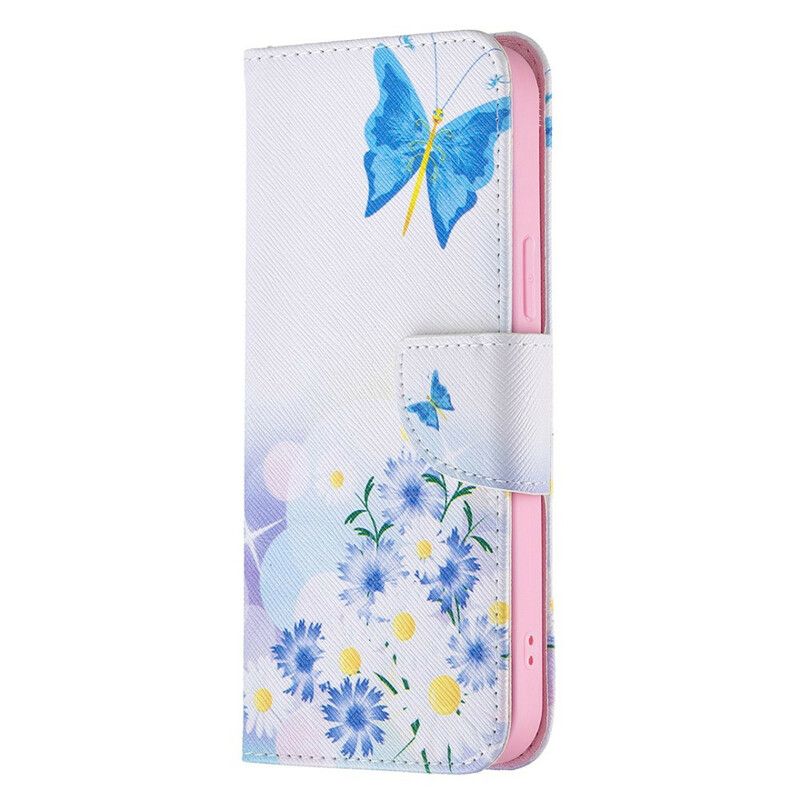 Flip Cover iPhone 13 Pro Max Malede Sommerfugle Og Blomster