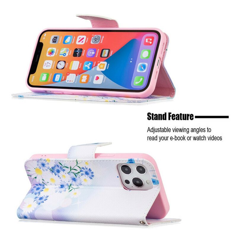 Flip Cover iPhone 13 Pro Max Malede Sommerfugle Og Blomster