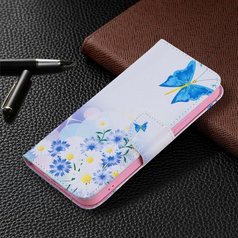 Flip Cover iPhone 13 Pro Max Malede Sommerfugle Og Blomster