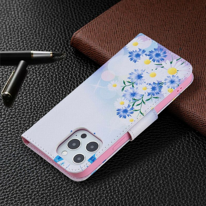 Flip Cover iPhone 13 Pro Max Malede Sommerfugle Og Blomster