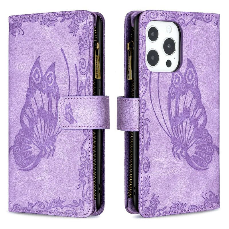 Læder Cover iPhone 13 Pro Max Telefon Etui Butterfly Barok Lynlåslomme