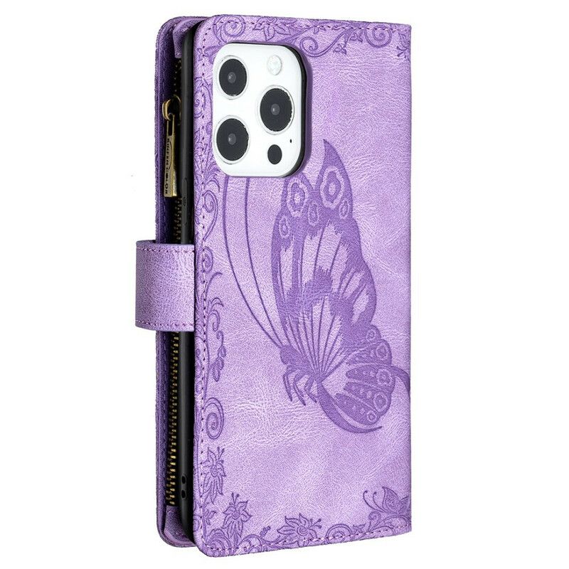 Læder Cover iPhone 13 Pro Max Telefon Etui Butterfly Barok Lynlåslomme