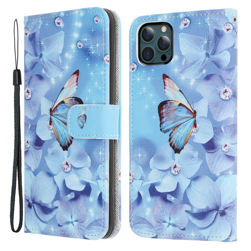 Læder Cover iPhone 13 Pro Max Telefon Etui Diamond Strappy Butterflies