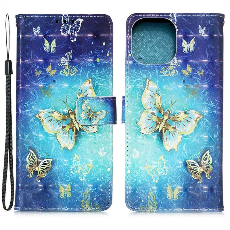 Læder Cover iPhone 13 Pro Max Telefon Etui Gold Butterflies Lanyard