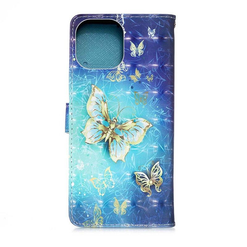 Læder Cover iPhone 13 Pro Max Telefon Etui Gold Butterflies Lanyard