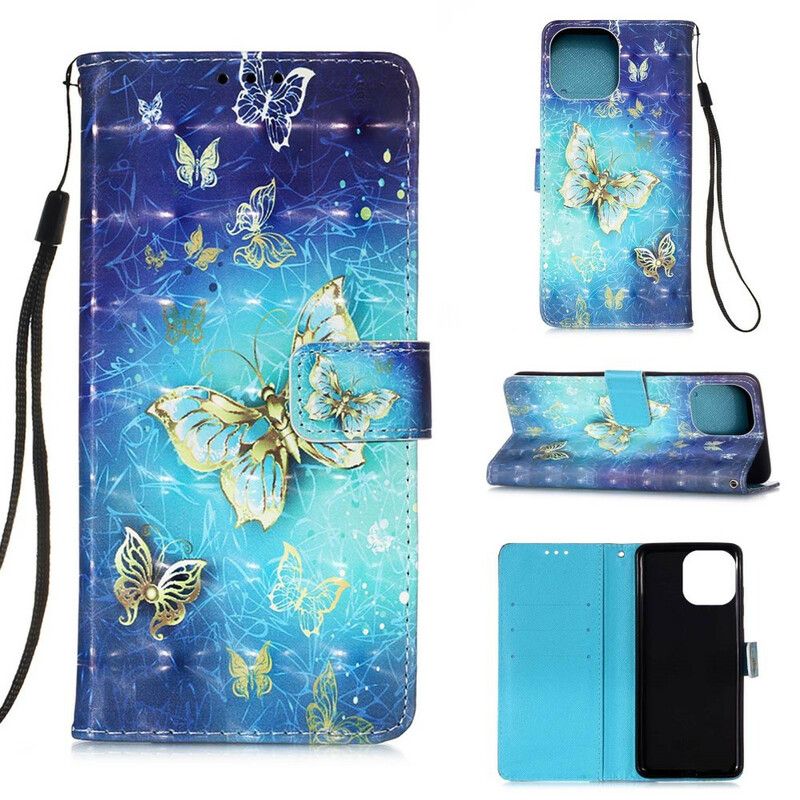 Læder Cover iPhone 13 Pro Max Telefon Etui Gold Butterflies Lanyard