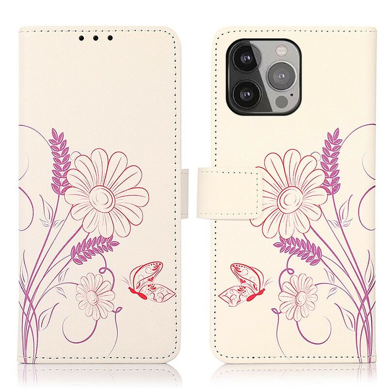 Læder Cover iPhone 13 Pro Max Telefon Etui Tegning Af Sommerfugle Og Blomster