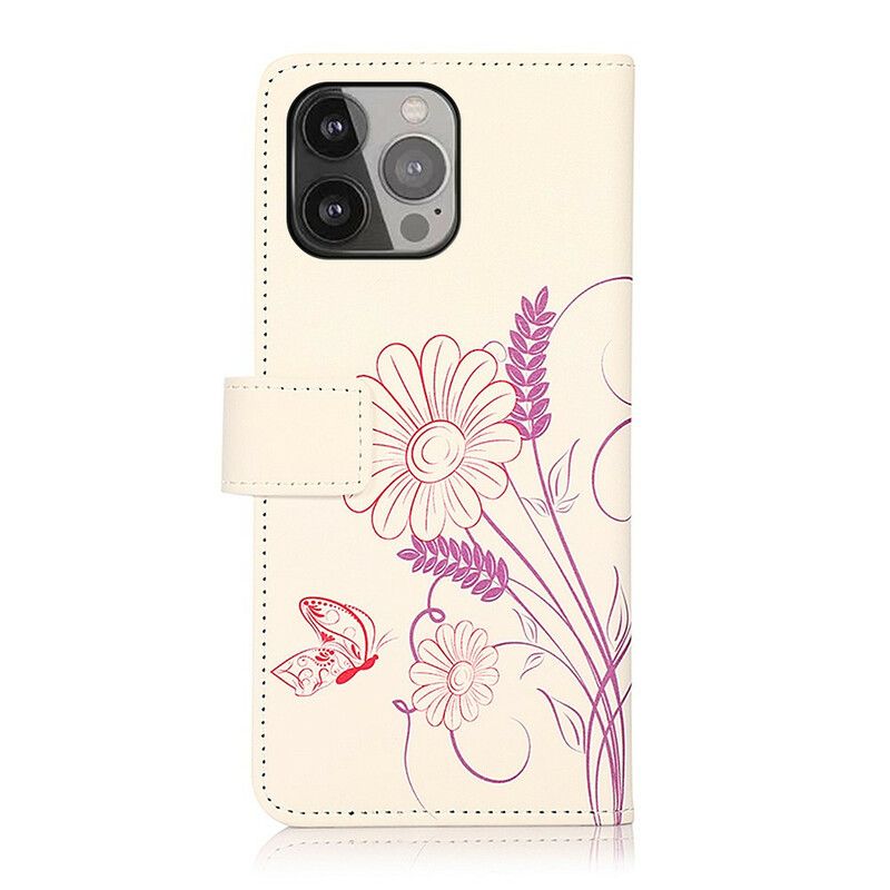 Læder Cover iPhone 13 Pro Max Telefon Etui Tegning Af Sommerfugle Og Blomster