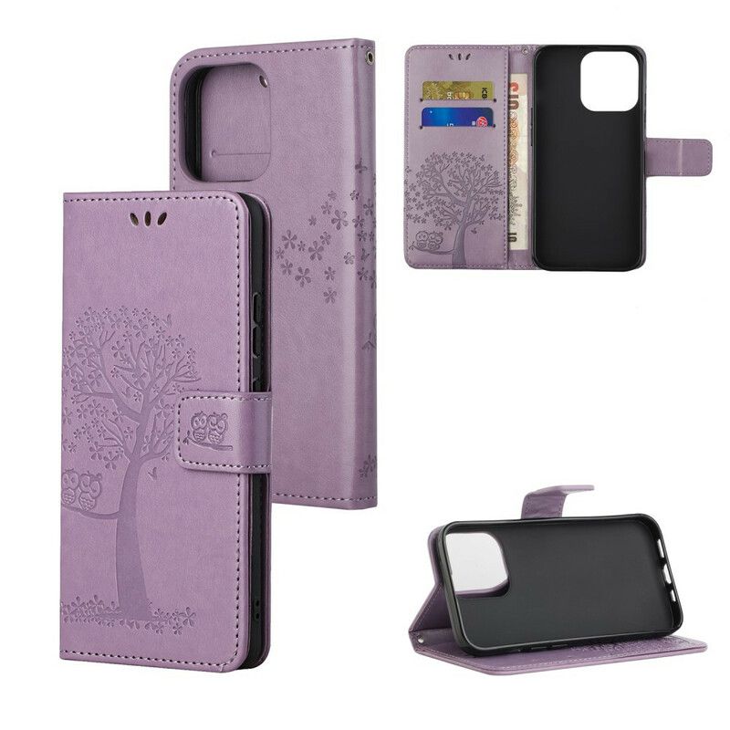 Læder Cover iPhone 13 Pro Max Telefon Etui Træ Og Strappy Ugler