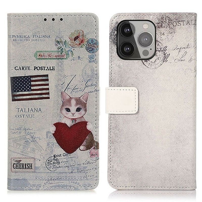 Læder Cover iPhone 13 Pro Max Telefon Etui Travelling Cat