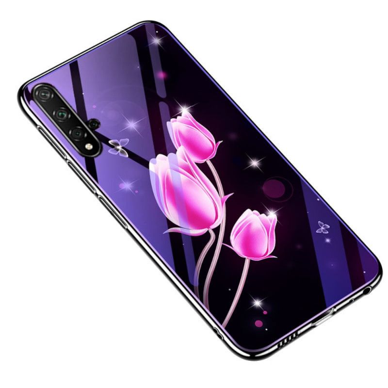 Cover Huawei Nova 5T Magenta Hærdet Glas Og Blomstret Silikone Beskyttelse