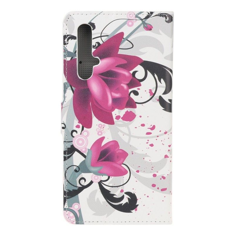 Flip Cover Læder for Huawei Nova 5T Magenta Tropiske Blomster