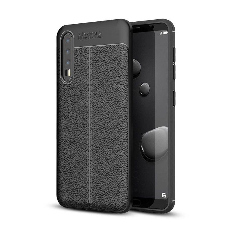 Cover for Huawei P20 Pro Sort Dobbeltlinjet Lychee-Lædereffekt