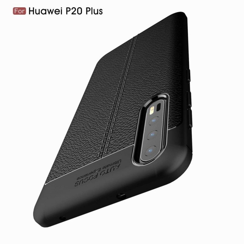 Cover for Huawei P20 Pro Sort Dobbeltlinjet Lychee-Lædereffekt