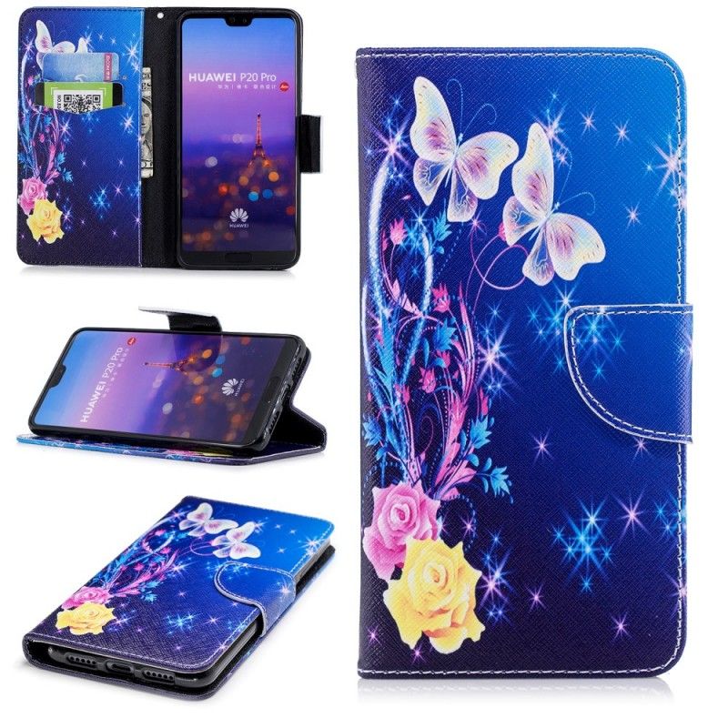 Flip Cover Huawei P20 Pro Lyserød Sommerfugle Om Natten