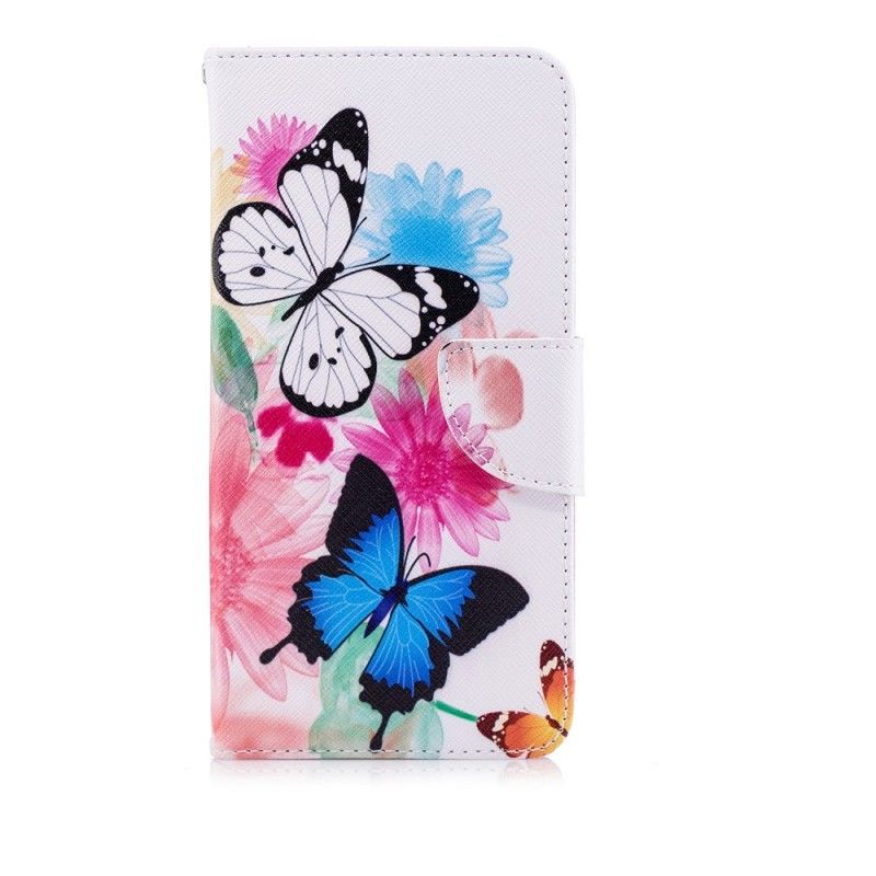 Flip Cover Læder Huawei P20 Pro Rose Malede Sommerfugle Og Blomster