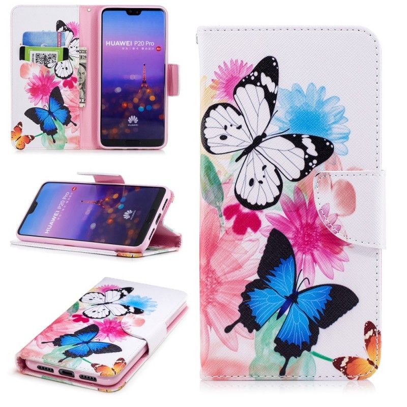 Flip Cover Læder Huawei P20 Pro Rose Malede Sommerfugle Og Blomster