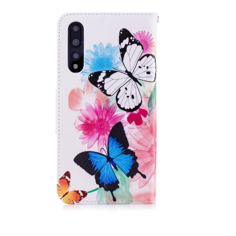 Flip Cover Læder Huawei P20 Pro Rose Malede Sommerfugle Og Blomster