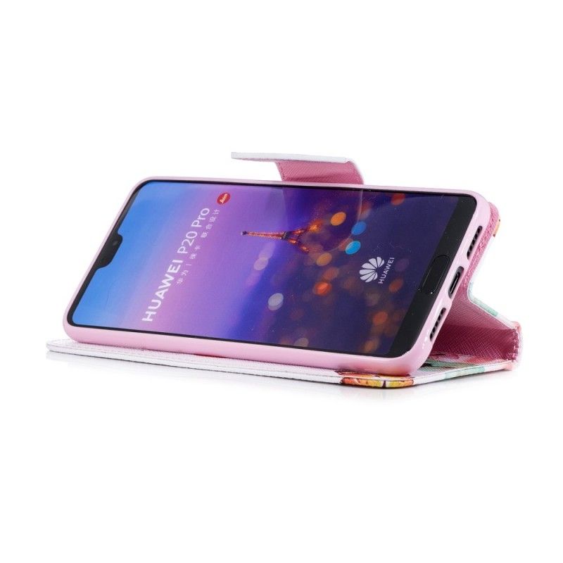 Flip Cover Læder Huawei P20 Pro Rose Malede Sommerfugle Og Blomster