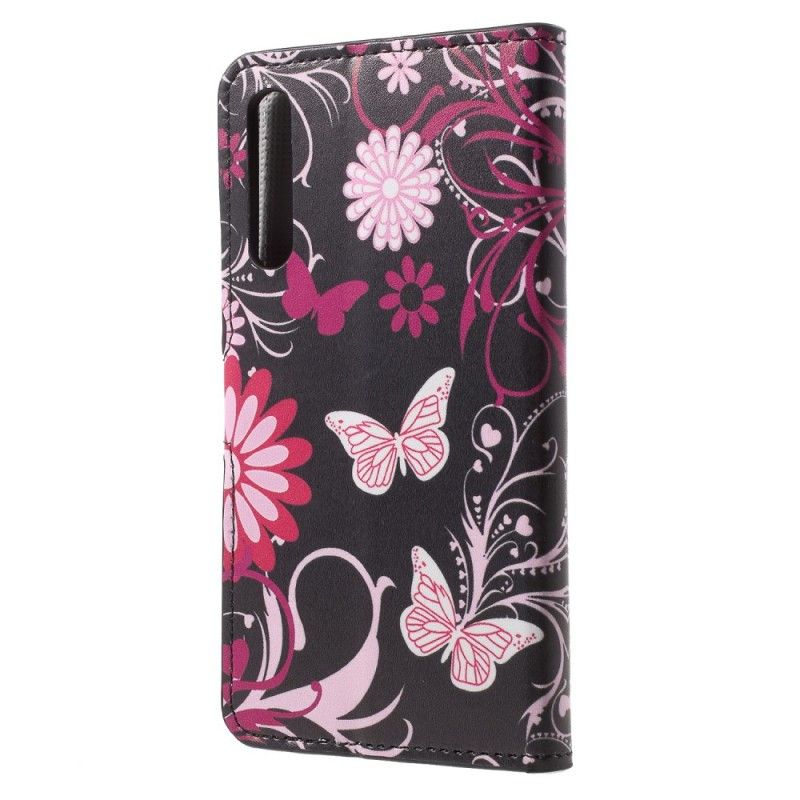 Flip Cover Læder Huawei P20 Pro Sort Sommerfugle Og Blomster Beskyttelse