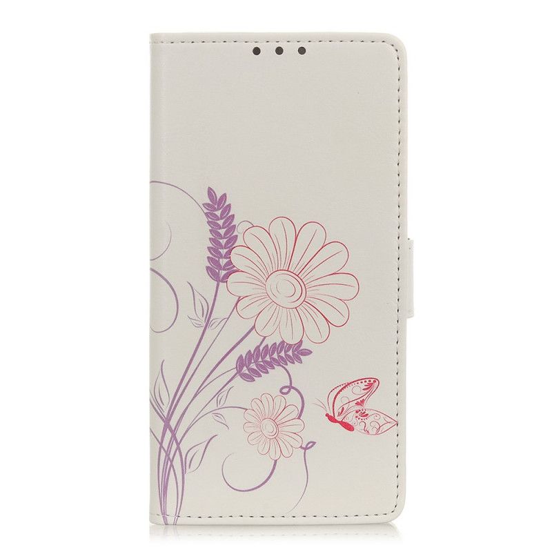 Flip Cover Læder Alcatel 1S (2020) / 3L (2020) Tegning Af Sommerfugle Og Blomster Original