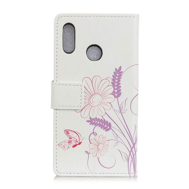 Flip Cover Læder Alcatel 1S (2020) / 3L (2020) Tegning Af Sommerfugle Og Blomster Original