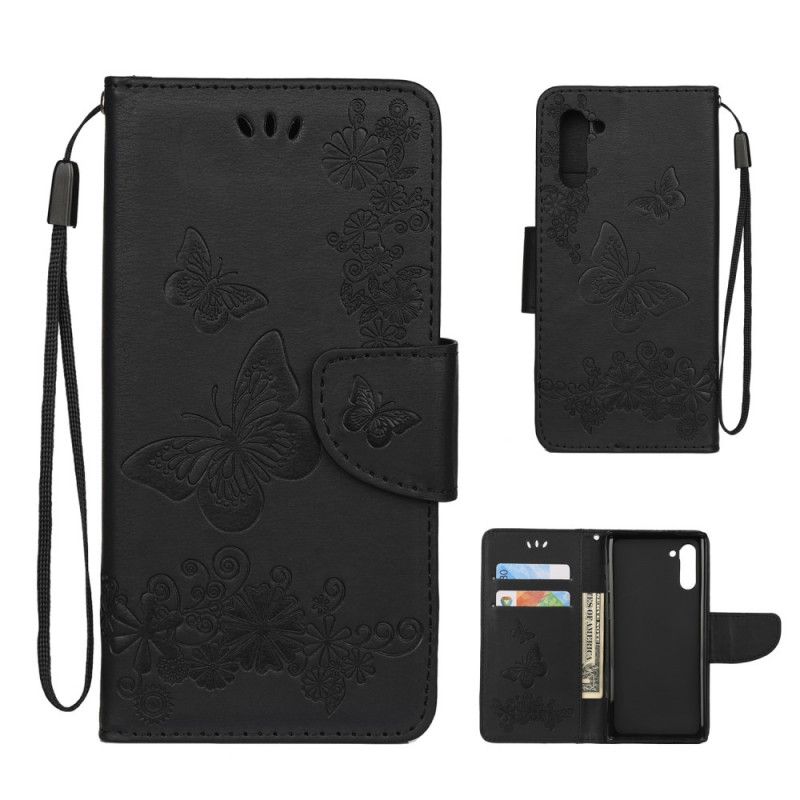 Flip Cover Læder Samsung Galaxy Note 10 Sort Pragtfulde String Sommerfugle