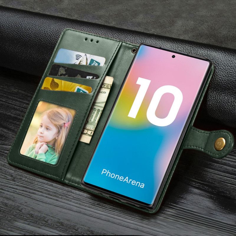 Flip Cover Læder Samsung Galaxy Note 10 Sort Slankt Kunstlæder Med Rem