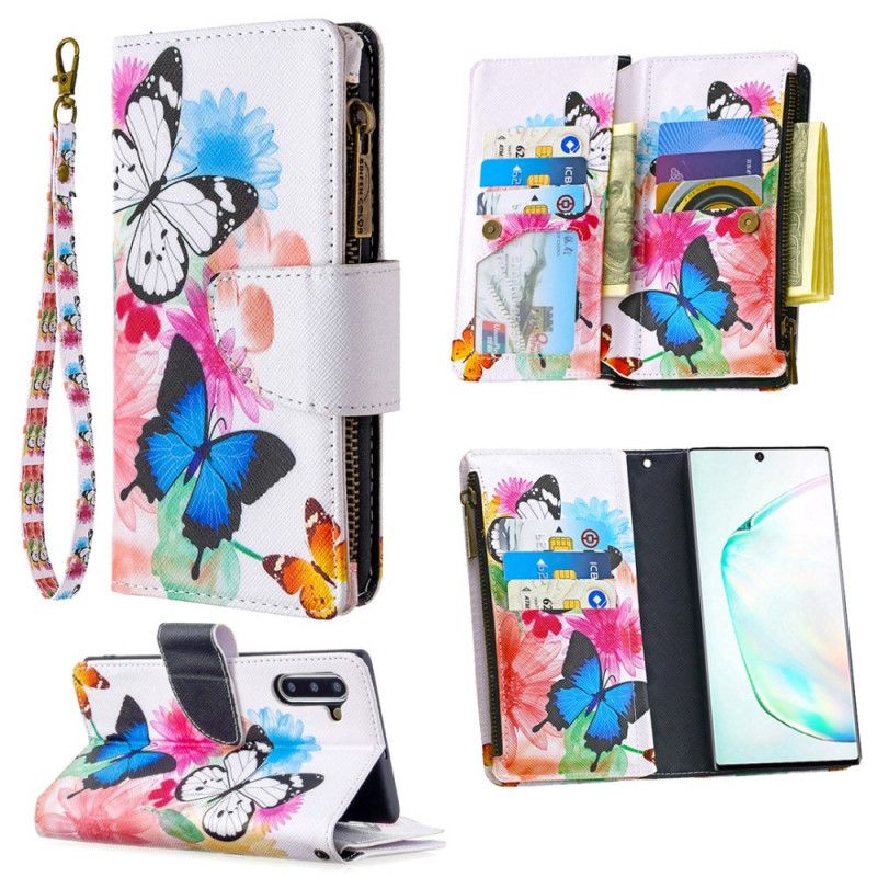 Flip Cover Samsung Galaxy Note 10 Sort Mobilcover Sommerfugl Lynlåslomme