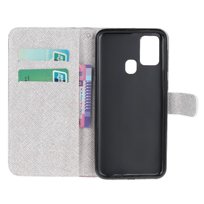 Flip Cover Læder for Samsung Galaxy M31 Måneblomster Med Rem