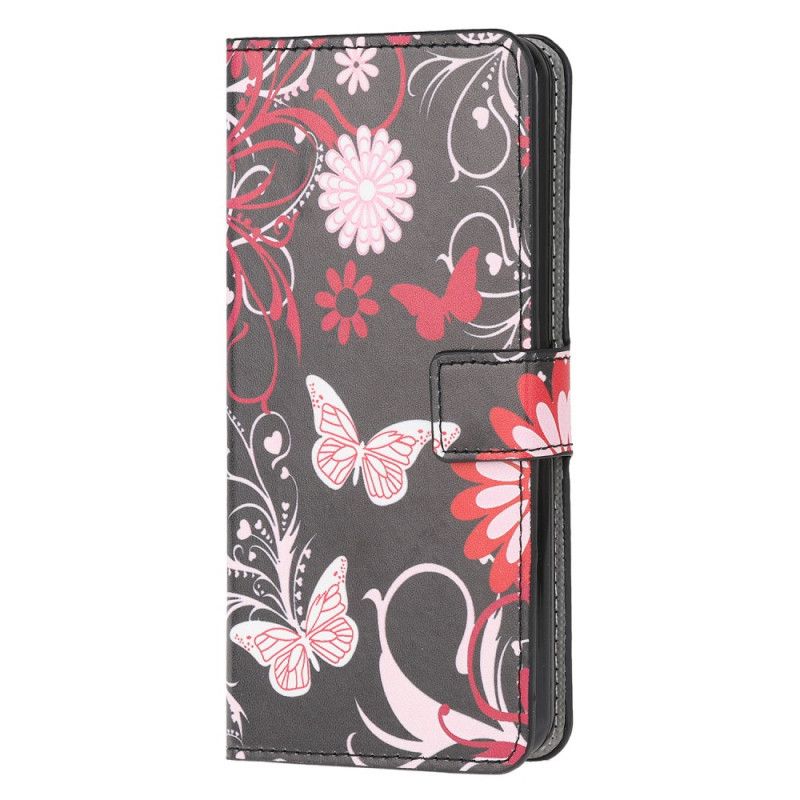 Flip Cover Læder Samsung Galaxy M31 Sort Sommerfugle Og Blomster Beskyttelse